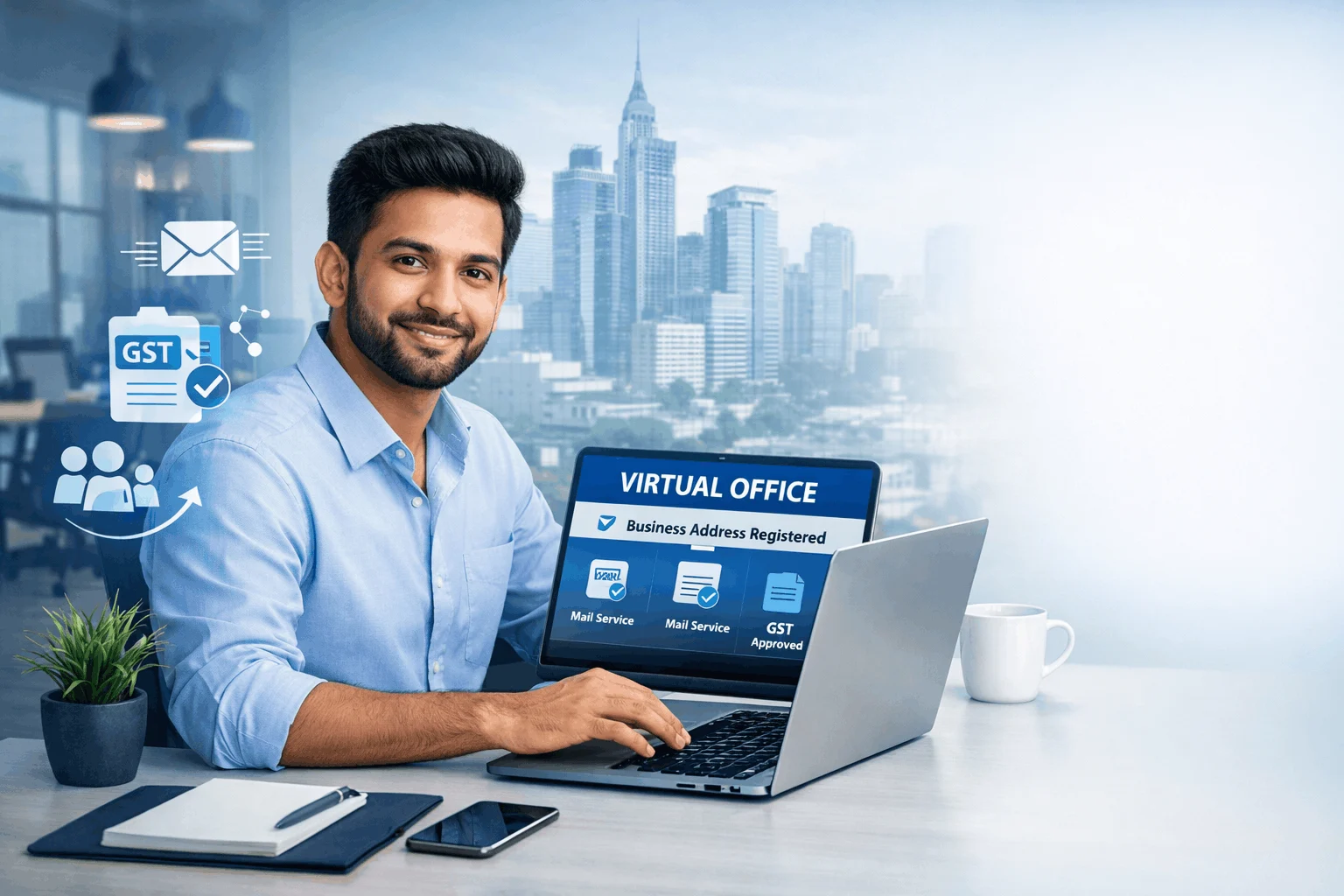 Image Mar 23, 2026, 12_22_31 PM (1) A professional Indian male freelancer working on a laptop in a modern office. The image features a digital overlay of a city skyline and icons for GST registration and mail services, symbolizing a virtual business address. The aesthetic is clean and corporate, using a blue and white color palette.