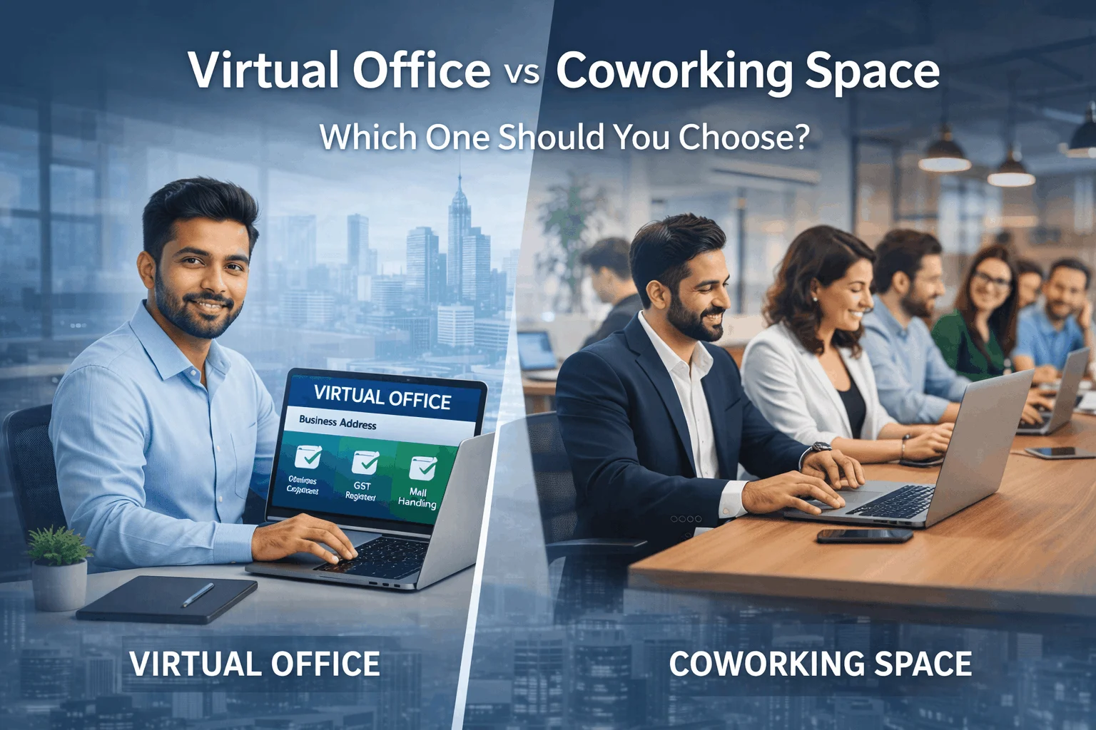 Image Mar 25, 2026, 01_00_53 PM (1) Virtual office vs coworking space comparison showing freelancer remote setup and team working in shared office