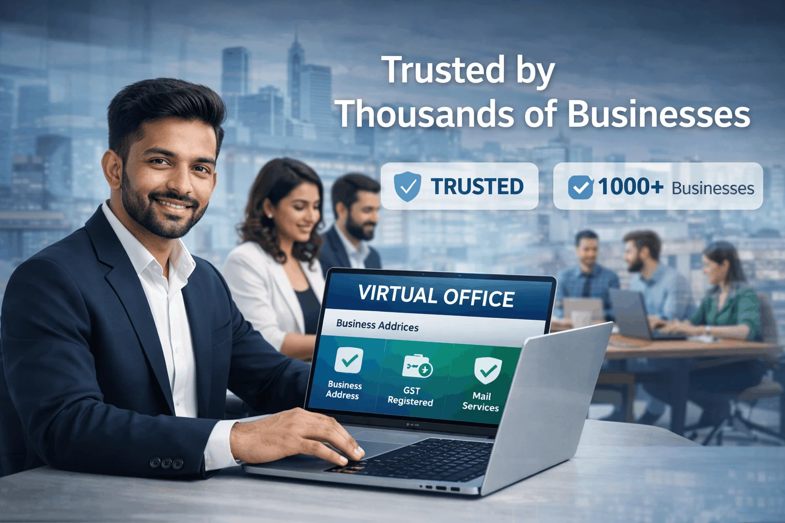 Image Mar 25, 2026, 01_08_34 PM (1) Professional businessman using laptop showcasing virtual office services, trusted by thousands of businesses with GST registration and business address features