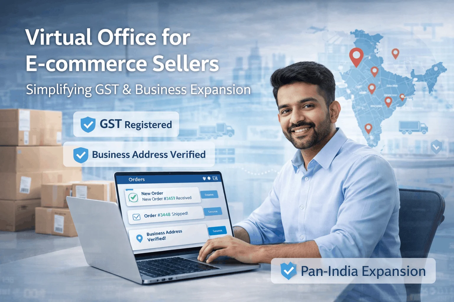 Image Mar 25, 2026, 01_16_18 PM (1) Virtual office for e-commerce sellers showing GST registration, business address verification, and pan-India expansion on a laptop dashboard