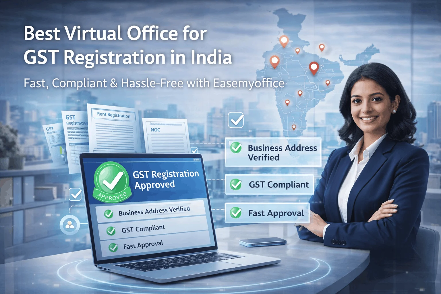 Best virtual office for GST registration in India showing GST approval, business address verification, and compliance services
