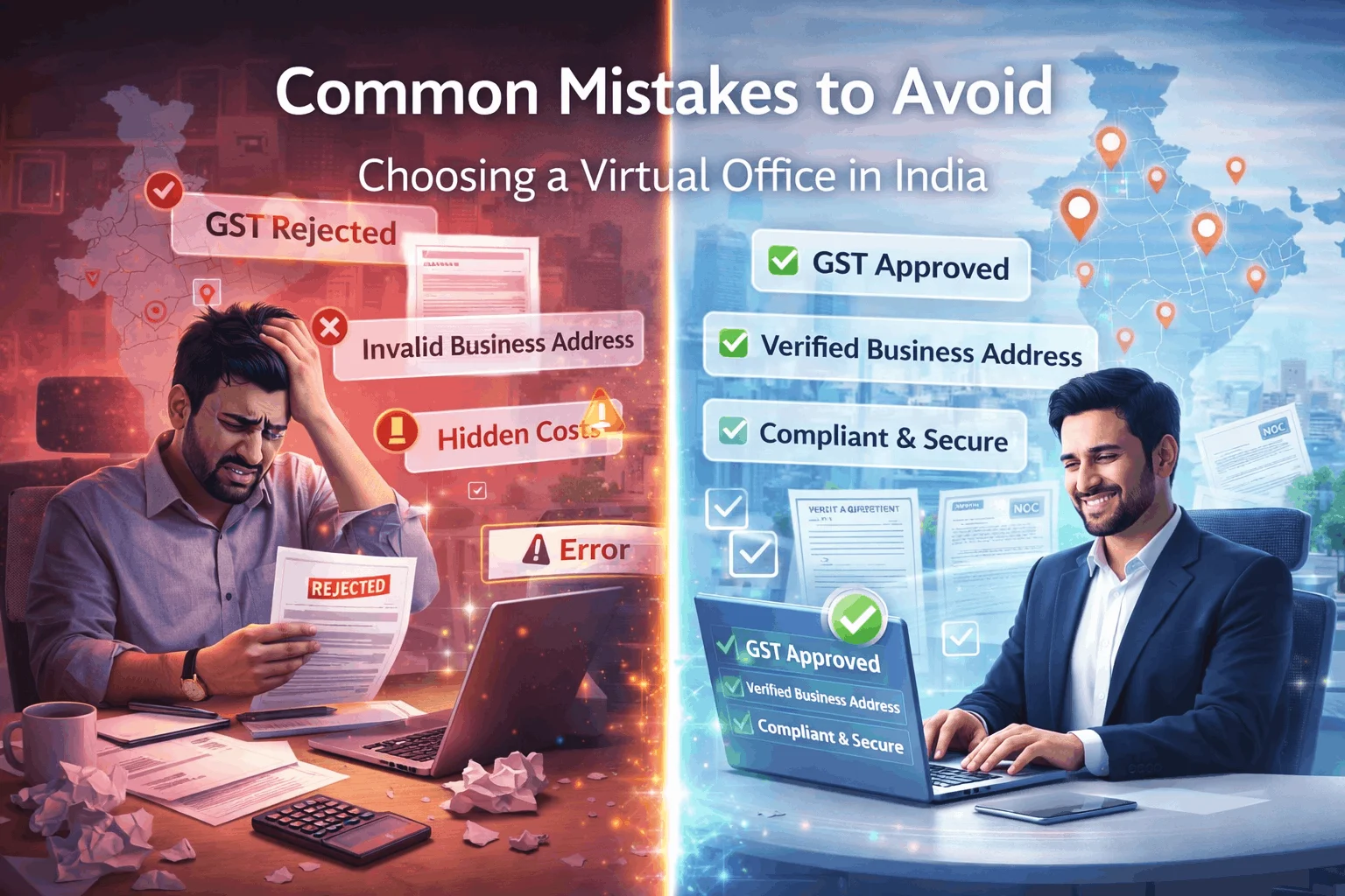 Image Mar 25, 2026, 01_36_25 PM (1) Common mistakes vs smart choices when selecting a virtual office in India showing GST rejection errors and approved business setup comparison