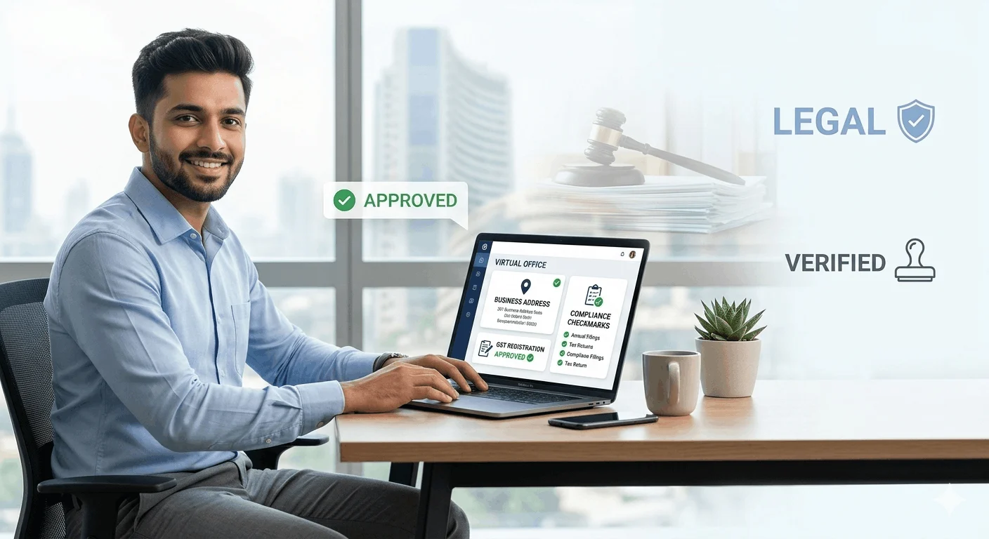 Image_268zhk268zhk268z (1) Virtual office legal in India concept showing freelancer using laptop with GST approved and verified business address dashboard